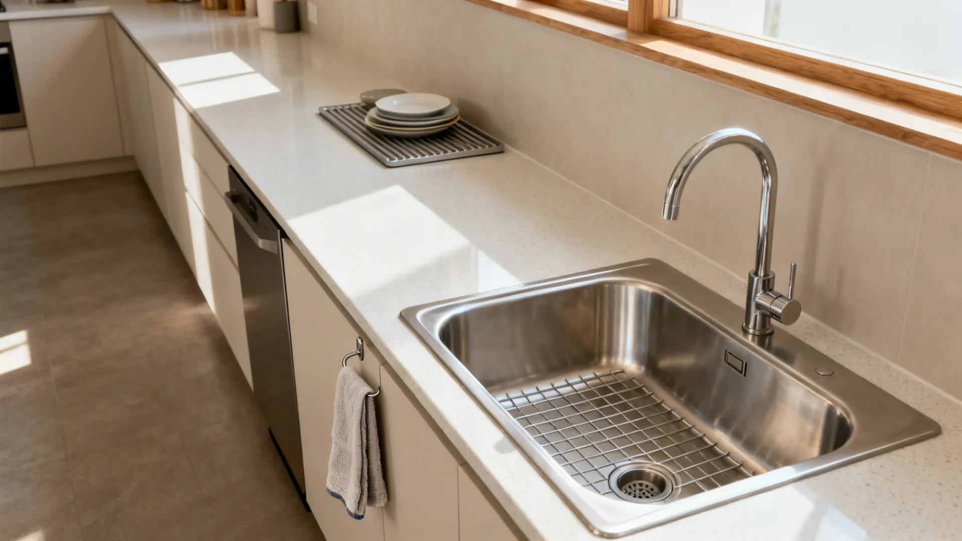 Slim stainless undermount sink with integrated drainboard in a compact galley kitchen.