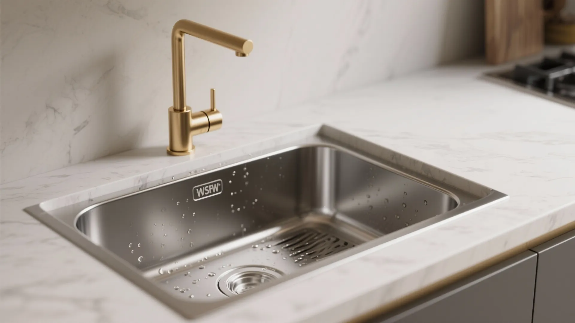 Close up of a stainless steel kitchen sink on marble countertop with a gold water tap