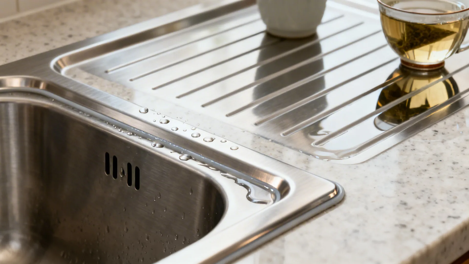 Macro detail of an under-mount stainless sink with slim drainboard and quartz counter edge sealed cleanly.