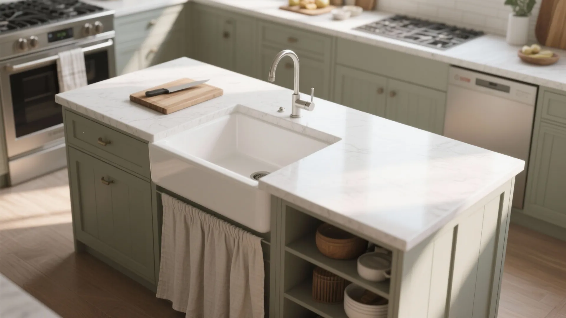 Modern green kitchen island with white farmhouse sink and silver faucet in a bright sunny room