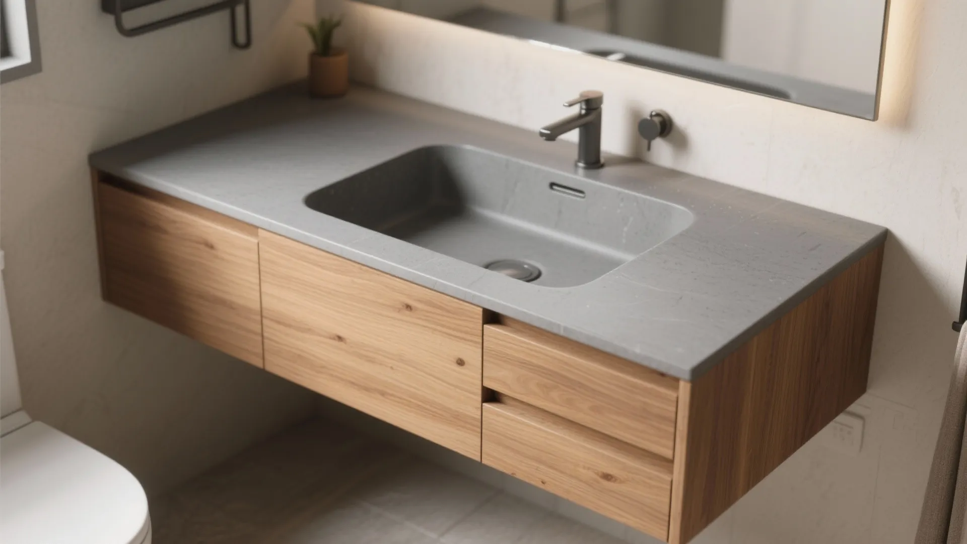 4. Undermount grey basin with wooden vanity contrast