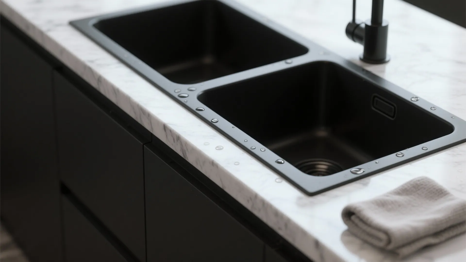 Close up of double black kitchen sink with water drops on white marble stone countertop