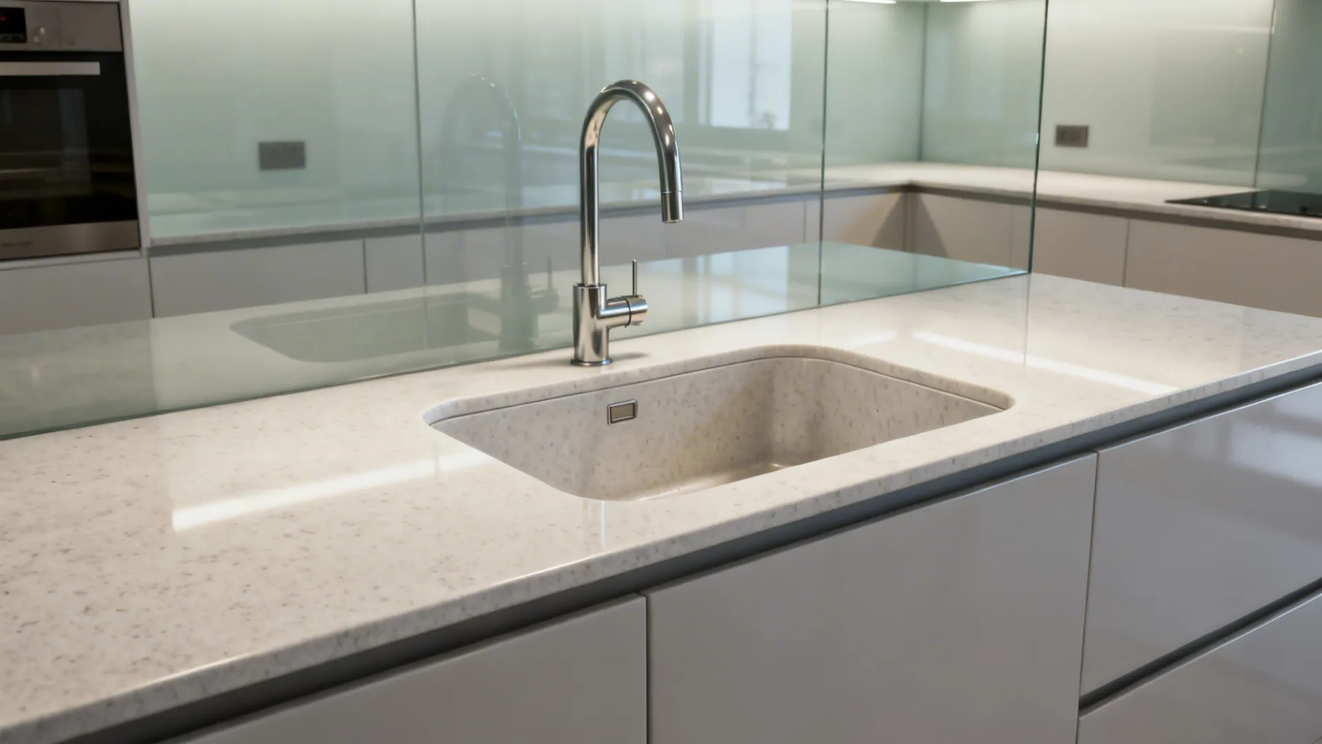 Undermount quartz sink seamless with matching quartz countertop in a modern kitchen.