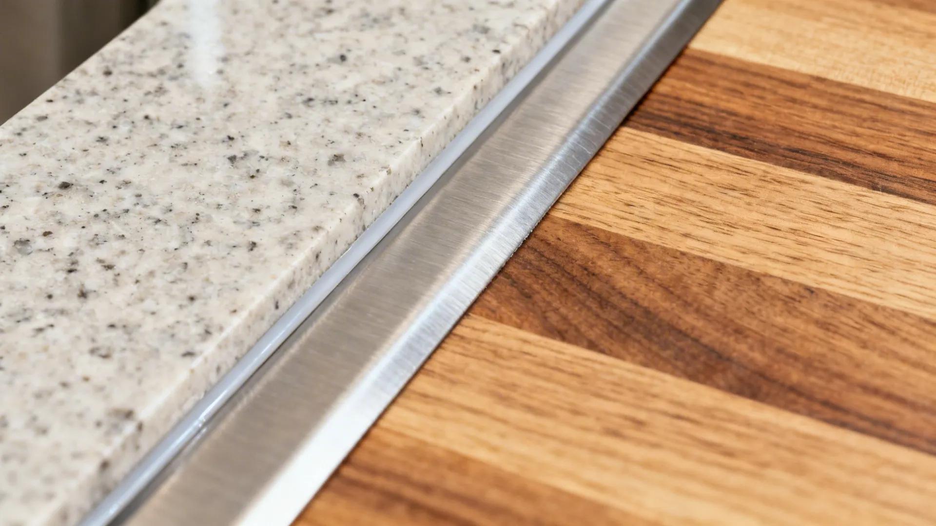 Macro of precise undermount seam between quartz countertop and stainless sink.
