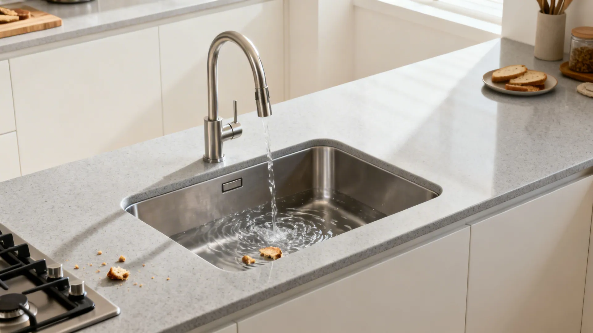 Deep undermount single-bowl sink with slim-radius corners in a small kitchen.