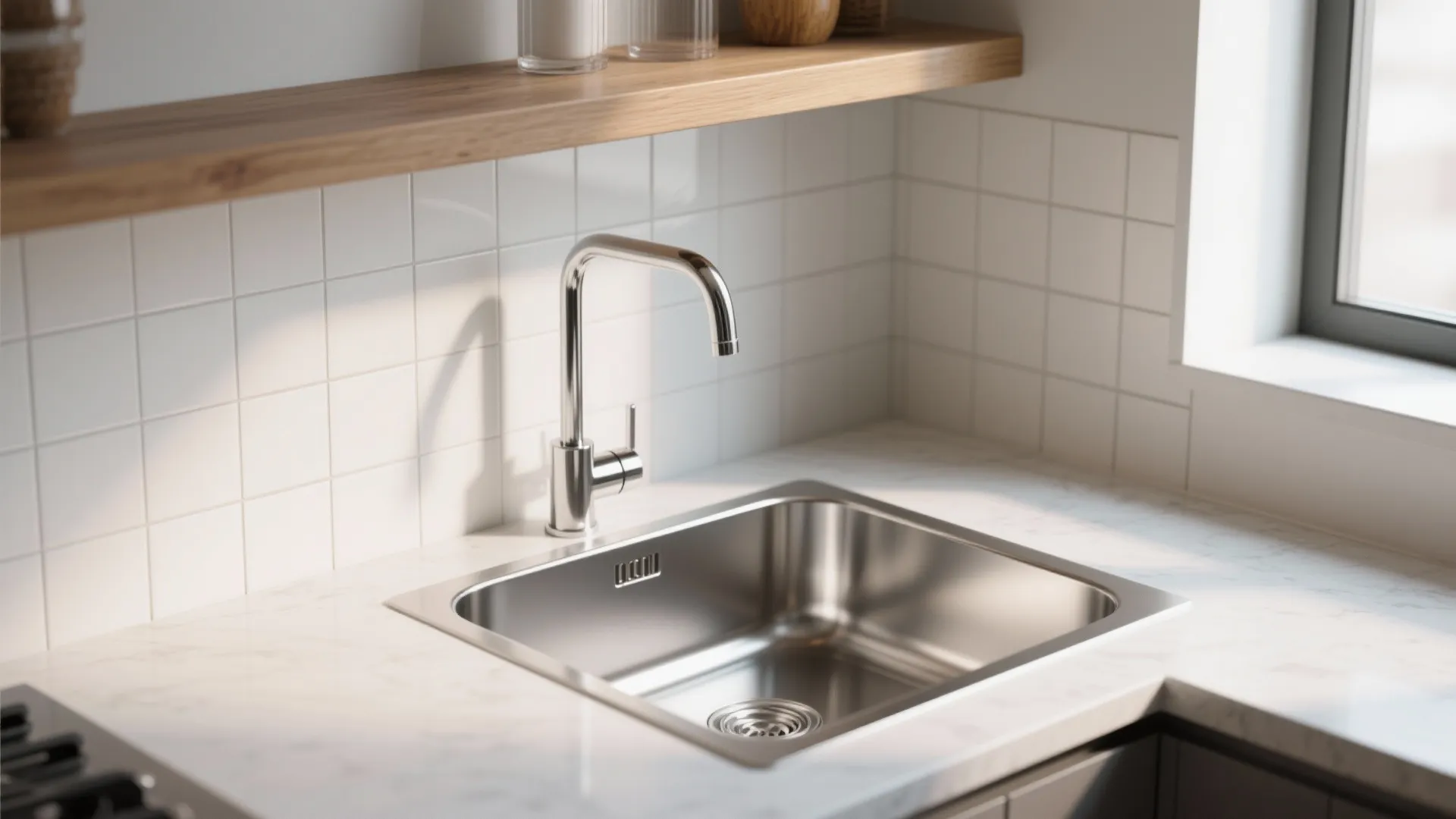 Under-mount corner sink with floating shelves above