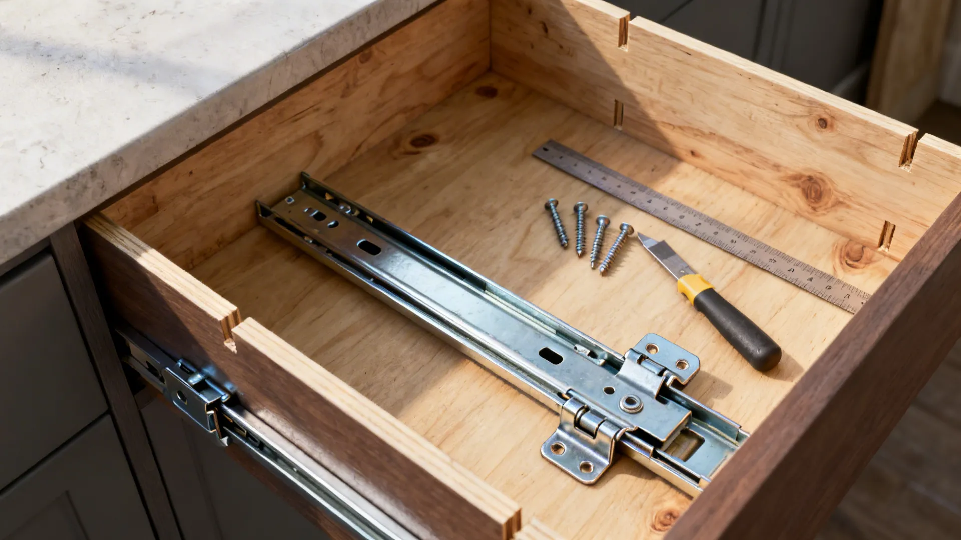 Top-down view of a drawer with undermount slides and tools laid out for installation.