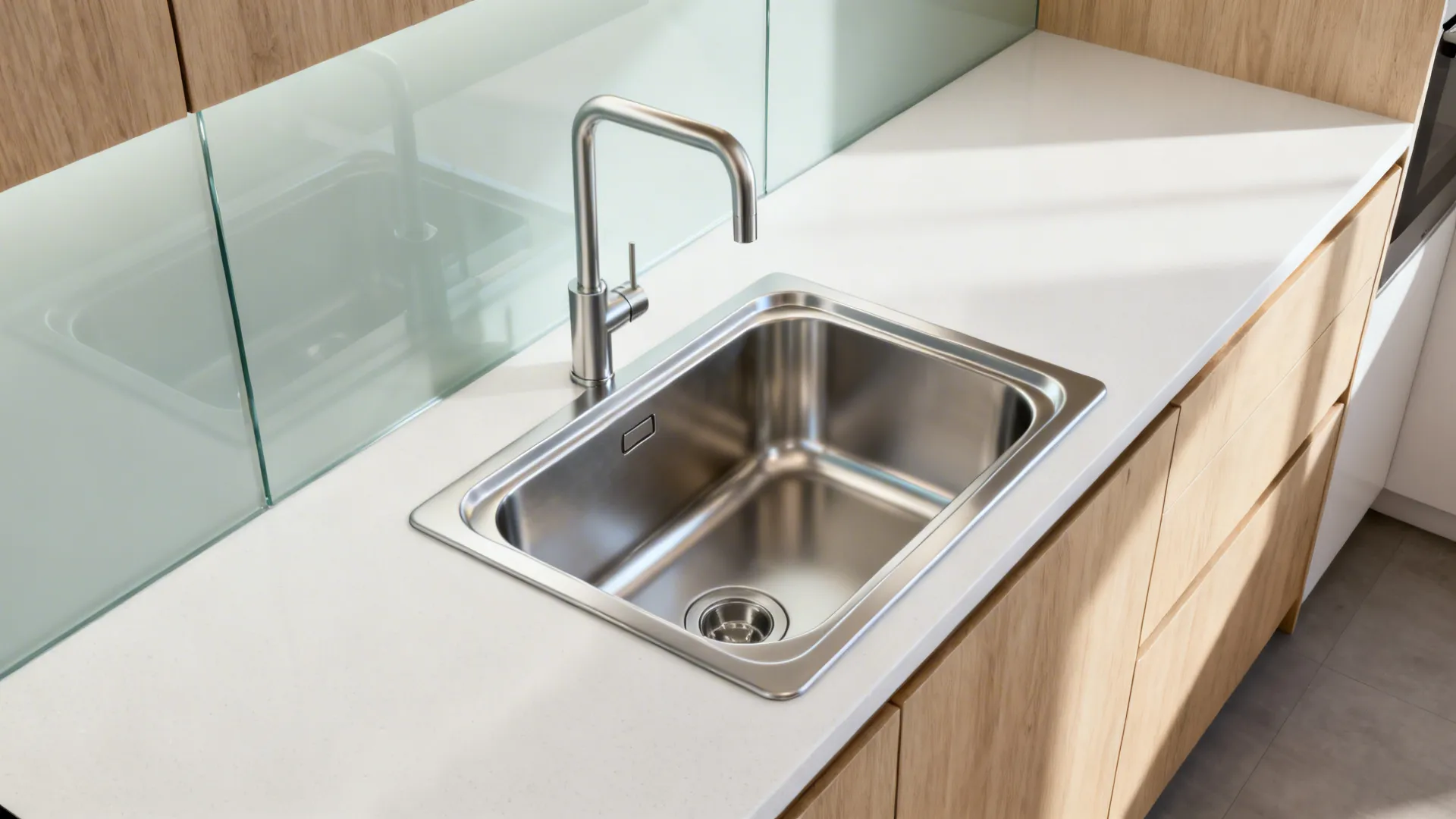 Compact kitchen with undermount stainless sink and low-profile rim creating a flush, easy-clean edge.