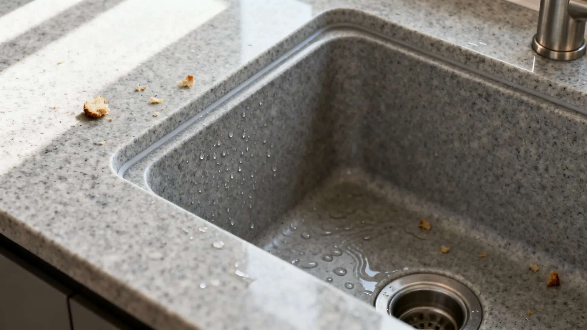 Macro view of a compact undermount composite granite sink with a slim reveal in a light gray granite counter.
