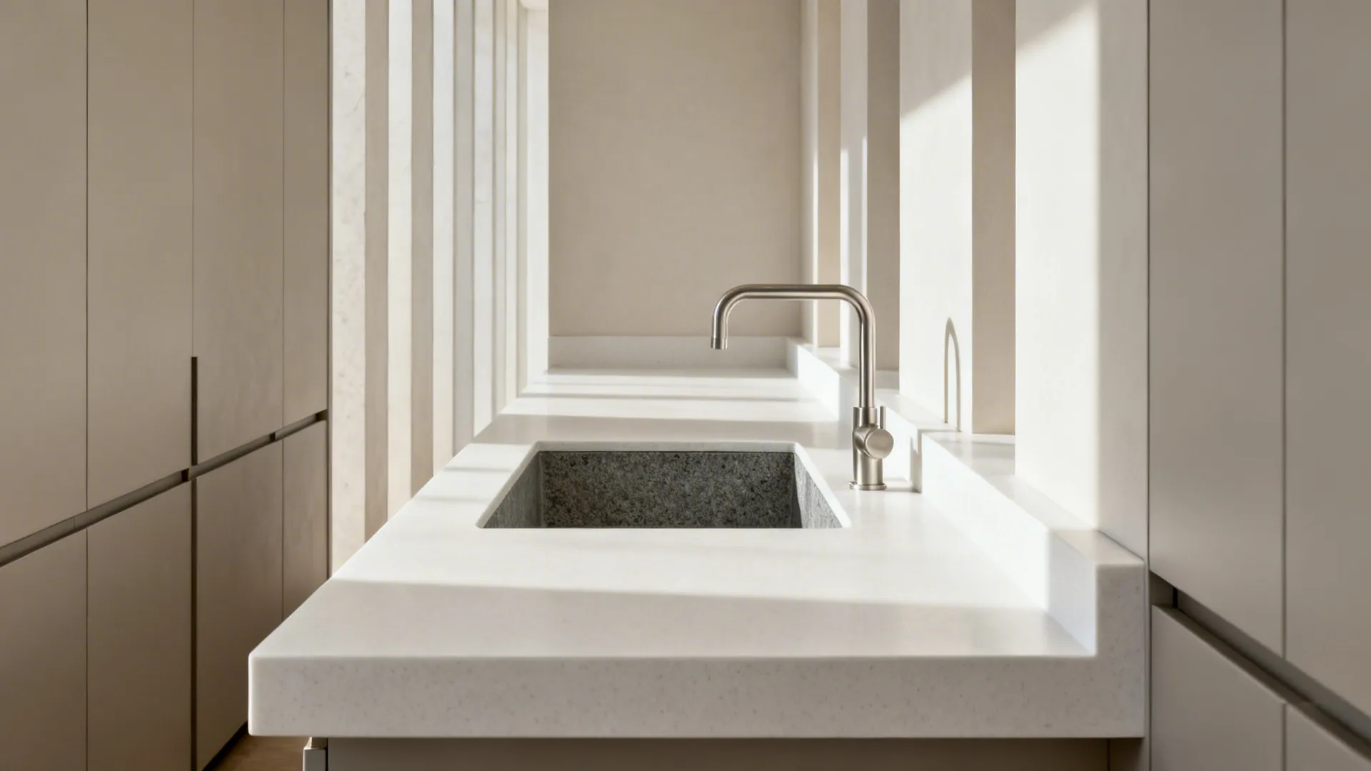 Undermount granite sink framed by a white quartz waterfall counter in a slim galley kitchen.