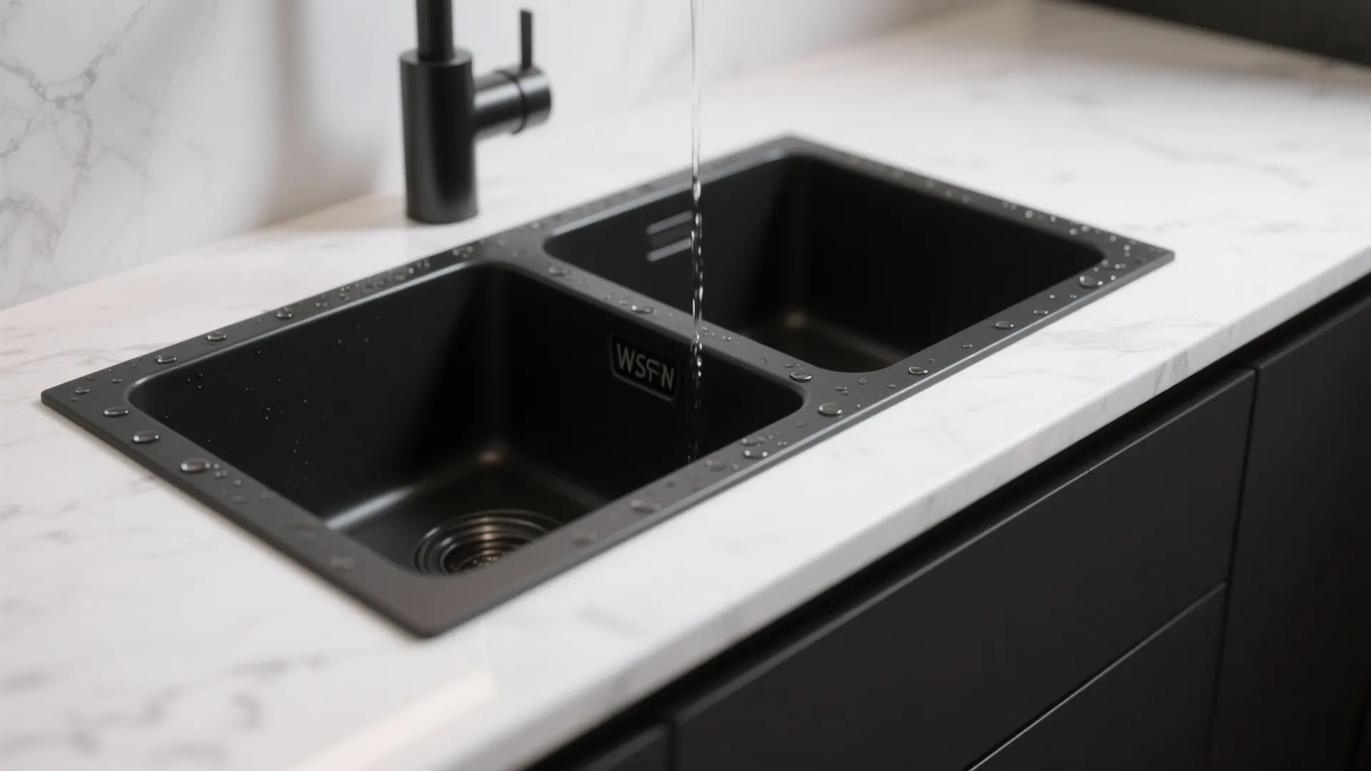 Close-up of a matte black undermount sink meeting a white waterfall quartz countertop showing material texture.