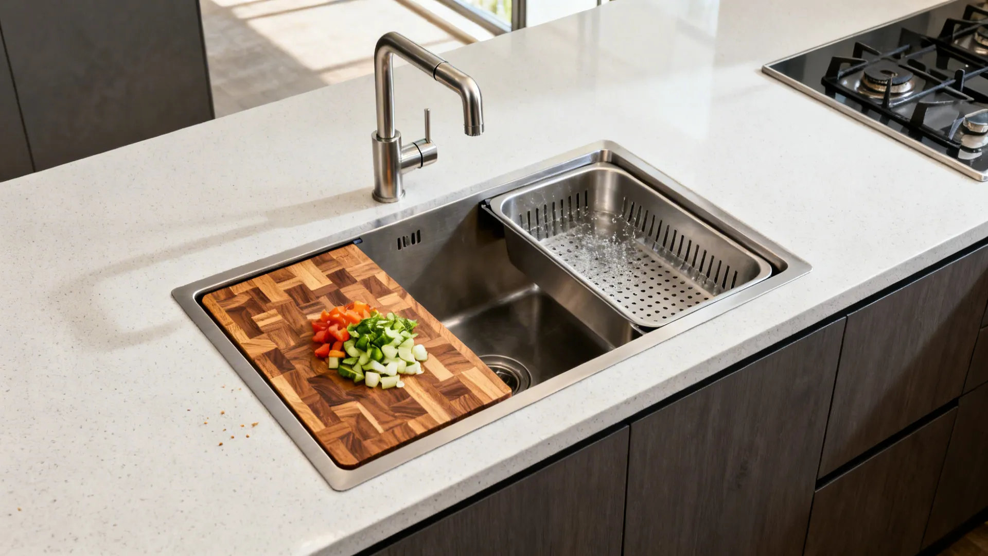 Undermount sink with sliding butcher-block board and colander creating a workstation.