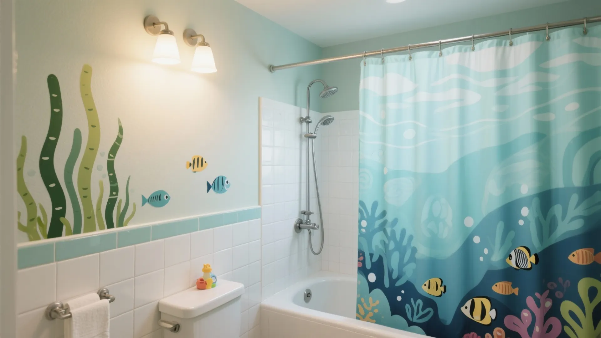 Kid bathroom with ocean themed wall stickers blue fish curtain white bathtub and simple light fixture