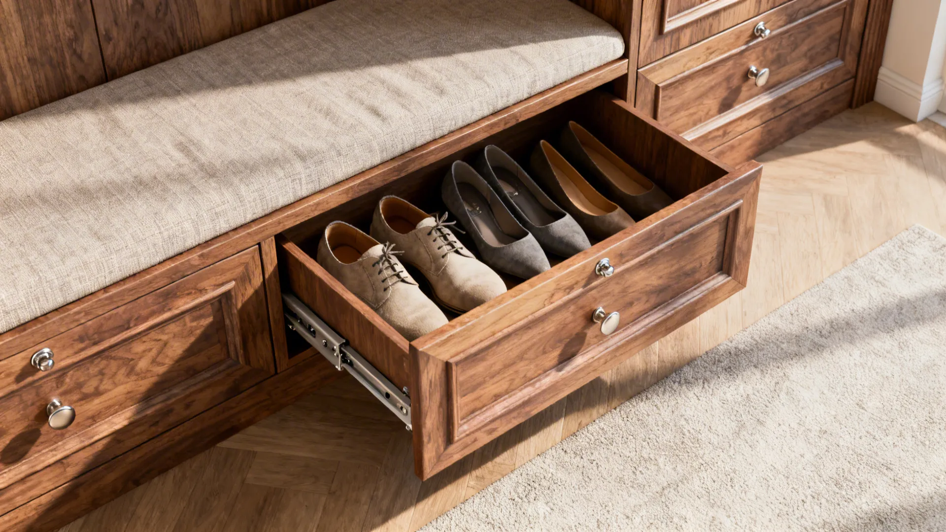 Top-down view of an entry bench with a pull-out drawer storing shoes, showing soft-close runners.