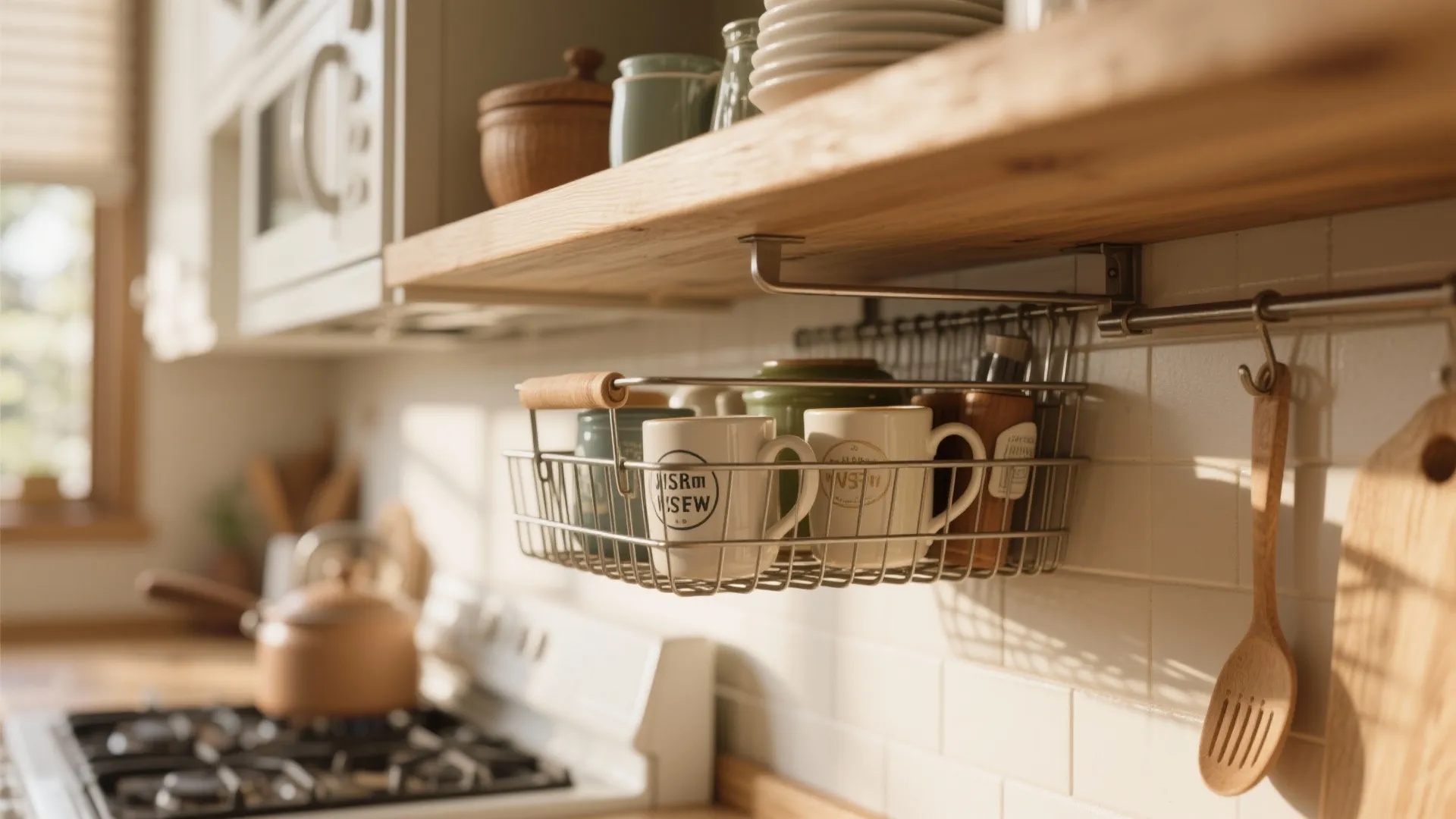 Metal wire under shelf storage basket holding ceramic mugs in a bright modern kitchen interior