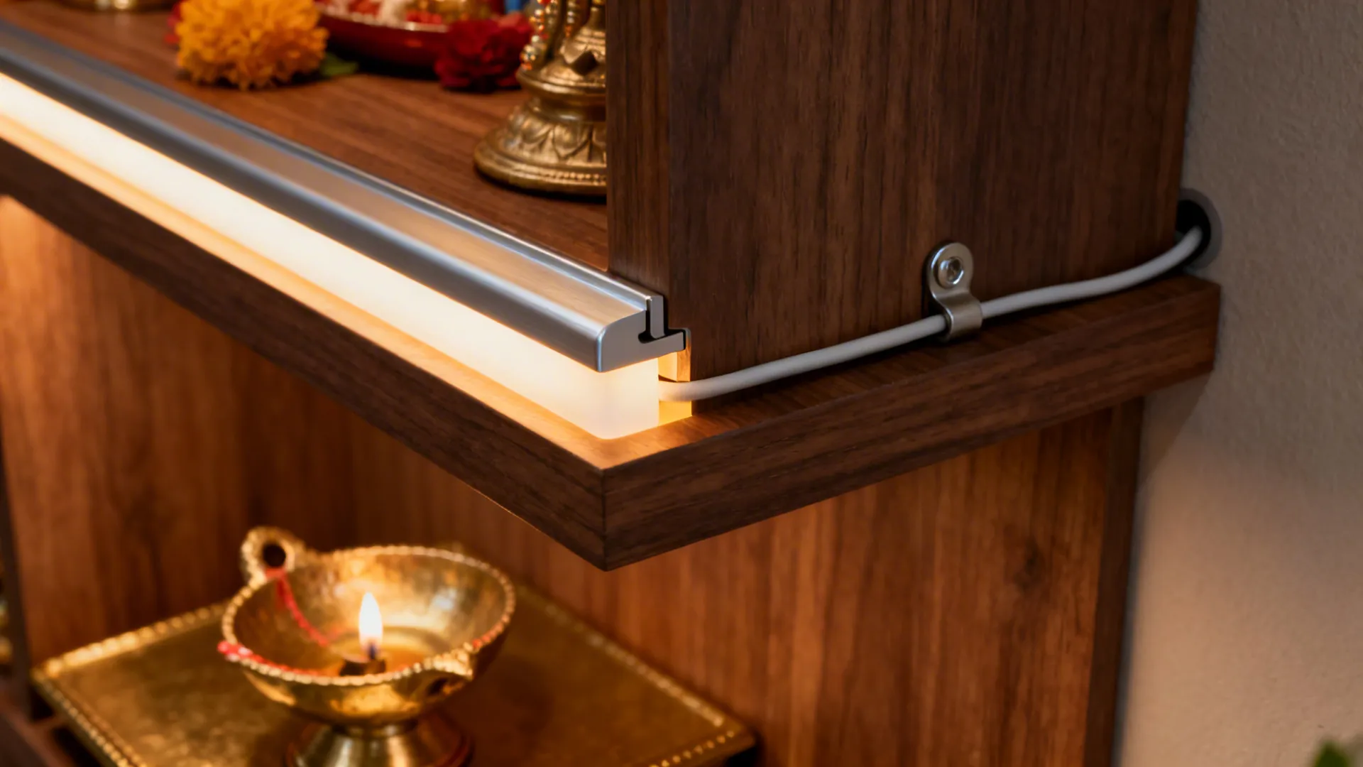 Detail of recessed under-shelf LED strip behind a lip with diffuser and safe diya clearance.