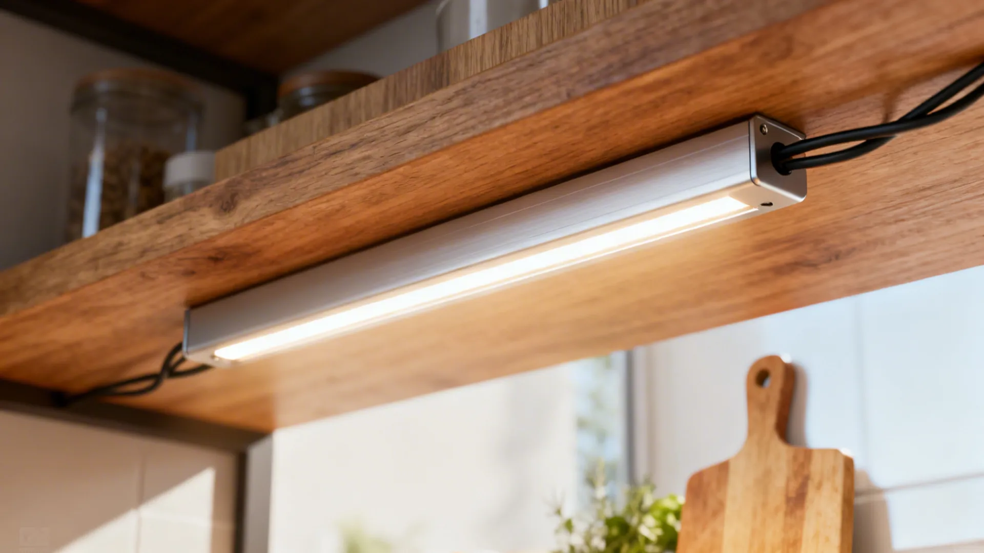 Macro of an LED strip in an aluminum channel under a wood shelf illuminating a work surface.