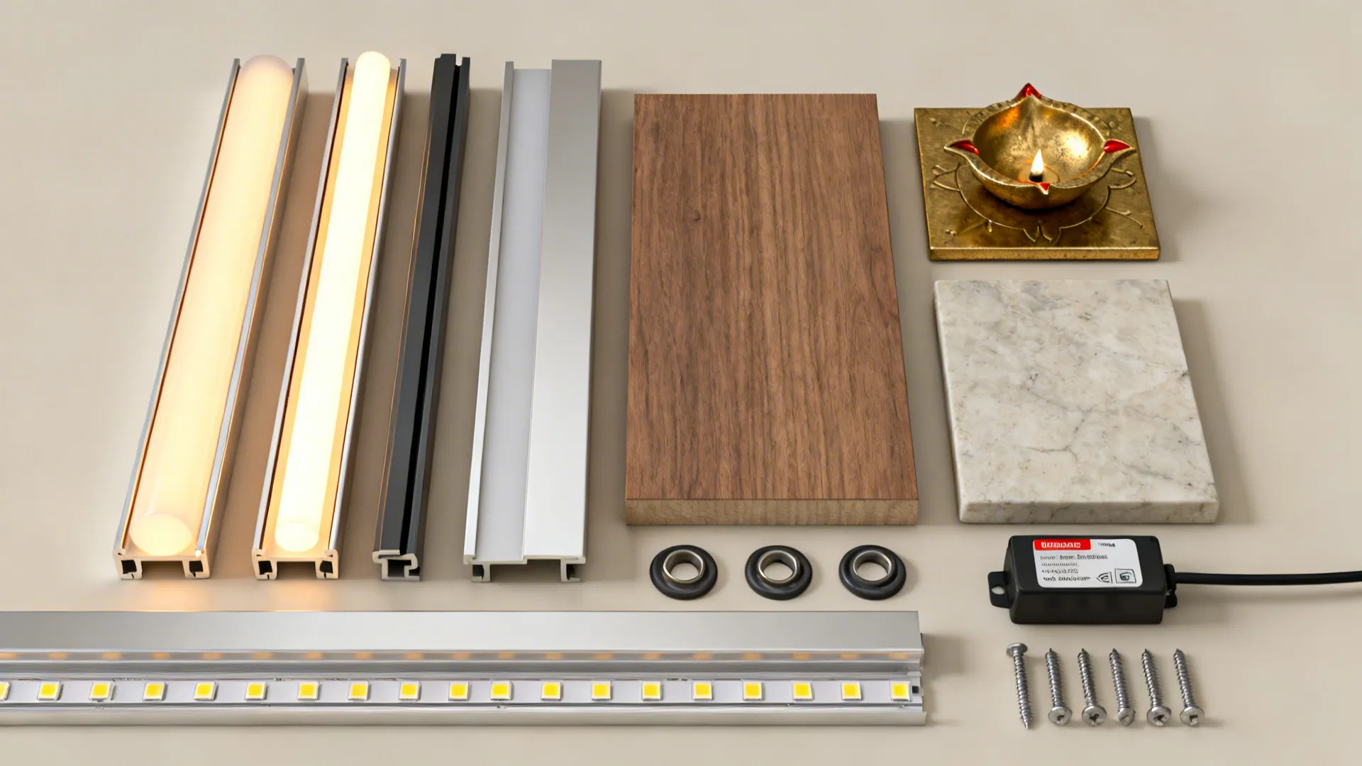 Flatlay of LED strips, aluminum diffusers, wood and stone samples for pooja shelves.