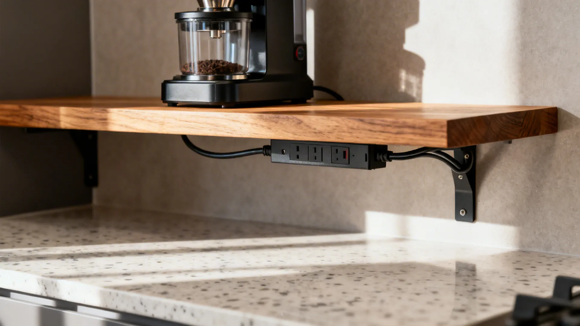 Close-up of a hidden outlet strip under an oak shelf with clean cord management.