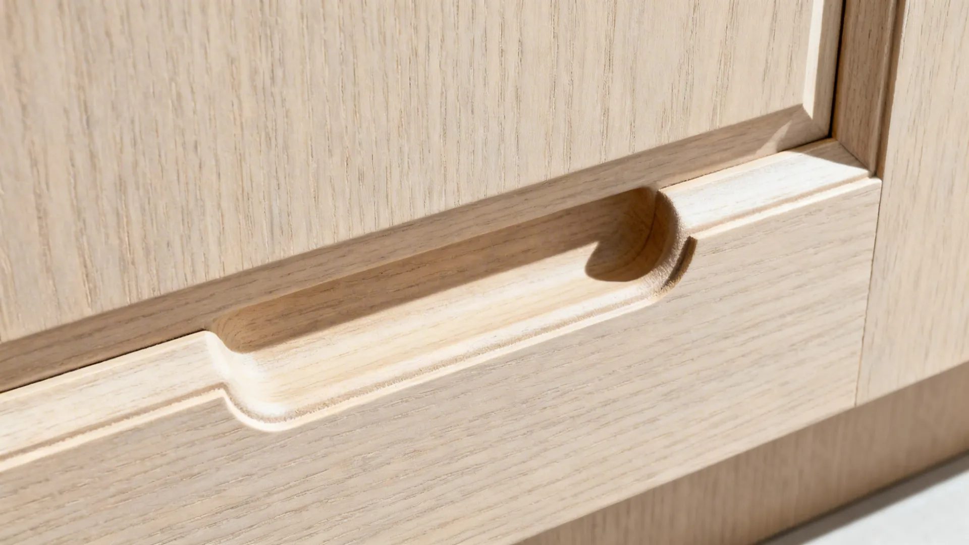 Close-up of an invisibly routed underside finger pull with smooth bevel and sealed veneer.