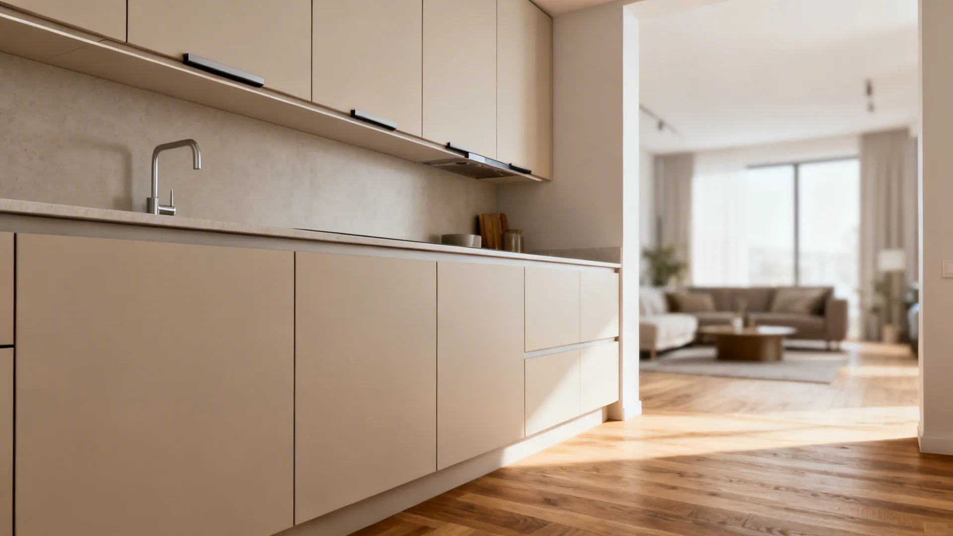 Upper cabinets with invisible underside pulls presenting a pure slab face in an open-plan space.