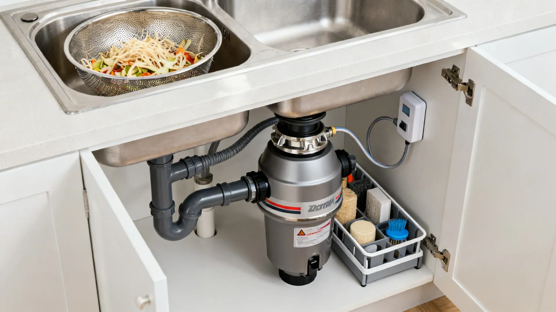 Under-sink disposer with clean plumbing and a large-mesh sink strainer for pre-sorting.