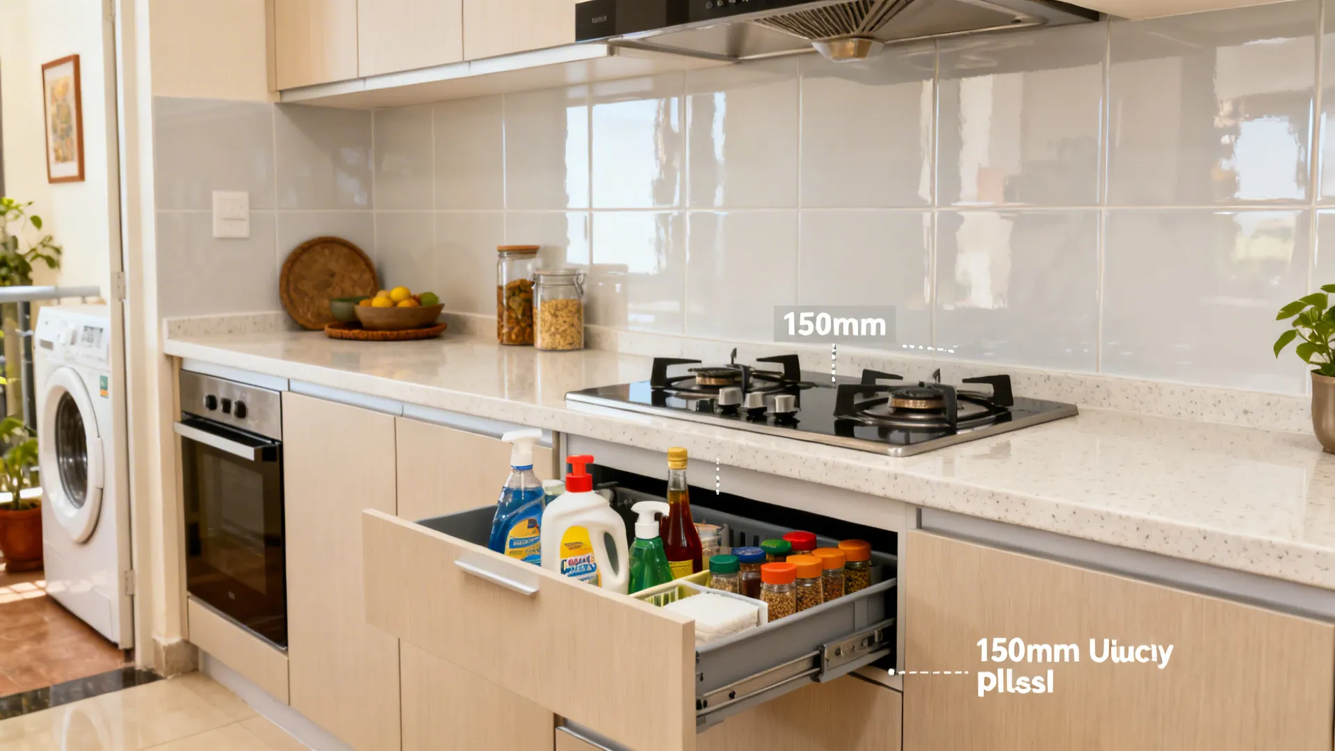 Compact kitchen showing an under-sink U-cut drawer and a slim spice pull-out by the hob.