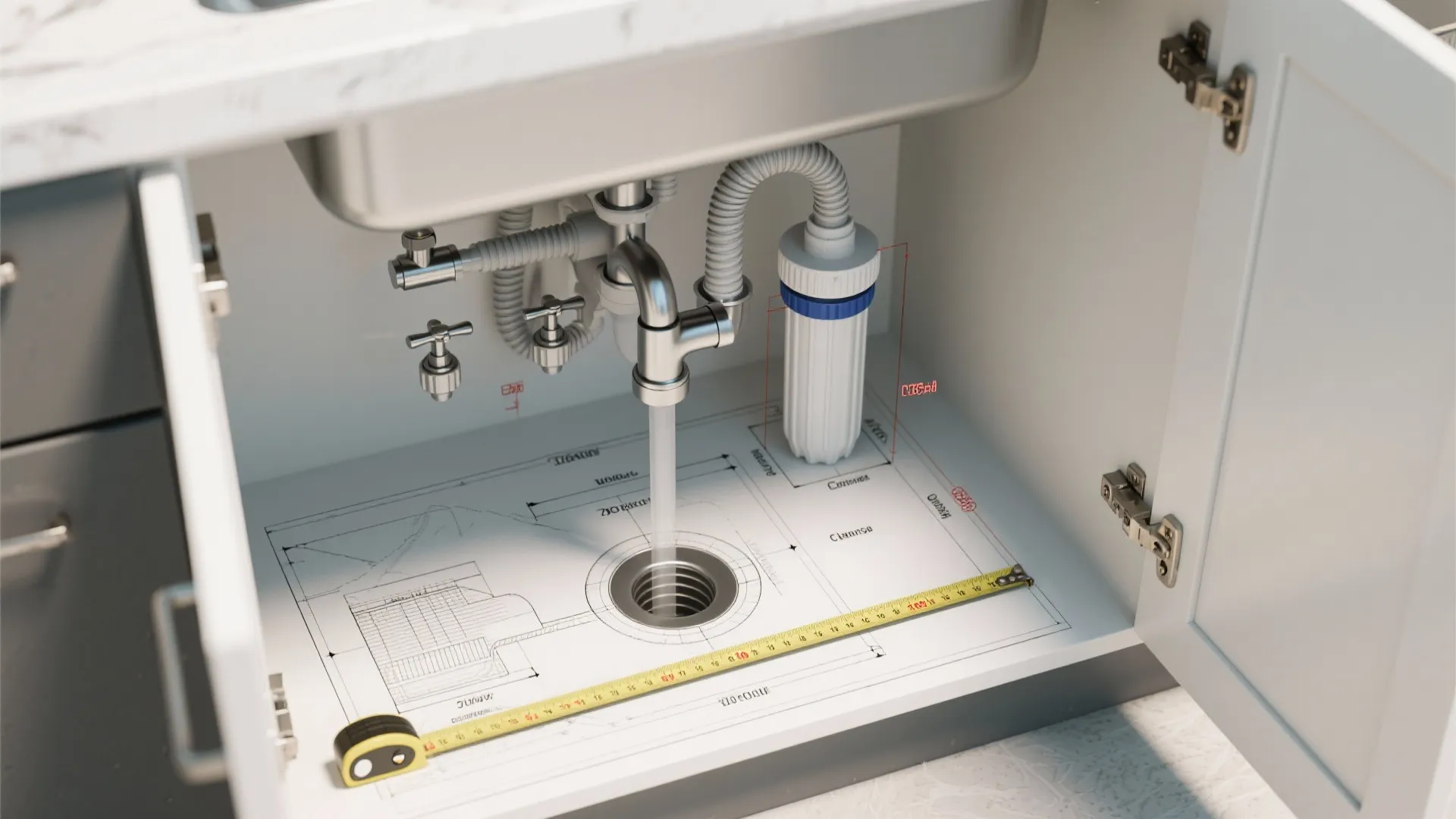 Top-down diagram photo of under-sink measurements and hose routing for a 3-way faucet installation.