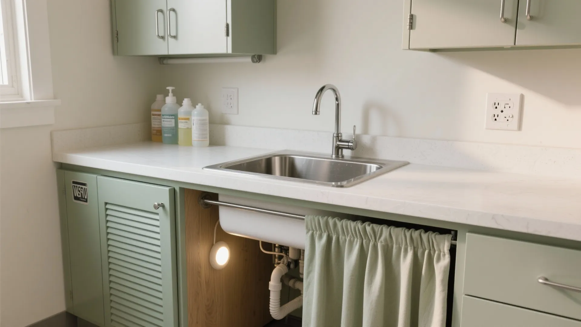 Kitchen sink with green cabinets white countertop and small curtain covering the under sink storage