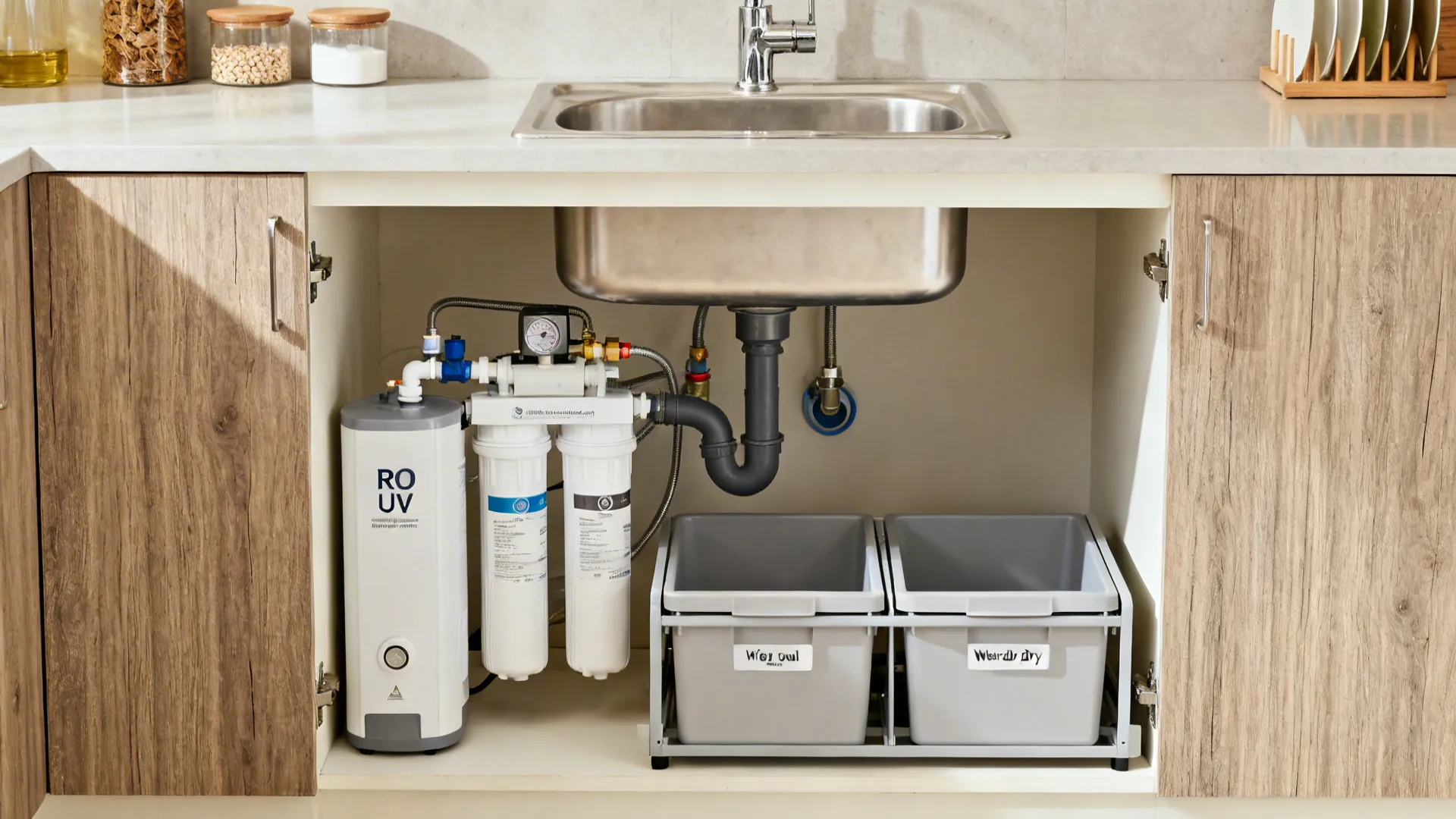 Under-sink RO filter with twin pull-out bins for wet and dry waste in a compact kitchen.