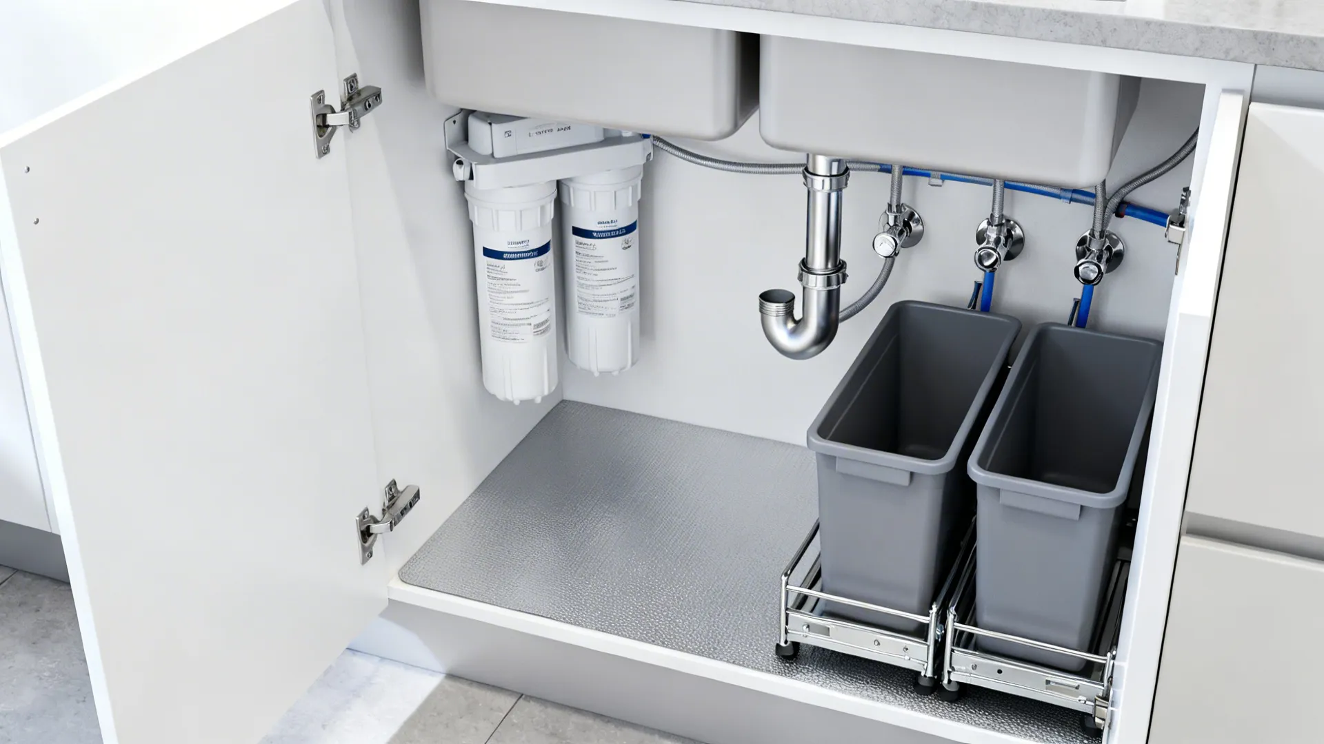 Top-down cutaway of an under-sink cabinet with a two-stage filter and double-bin pull-out.