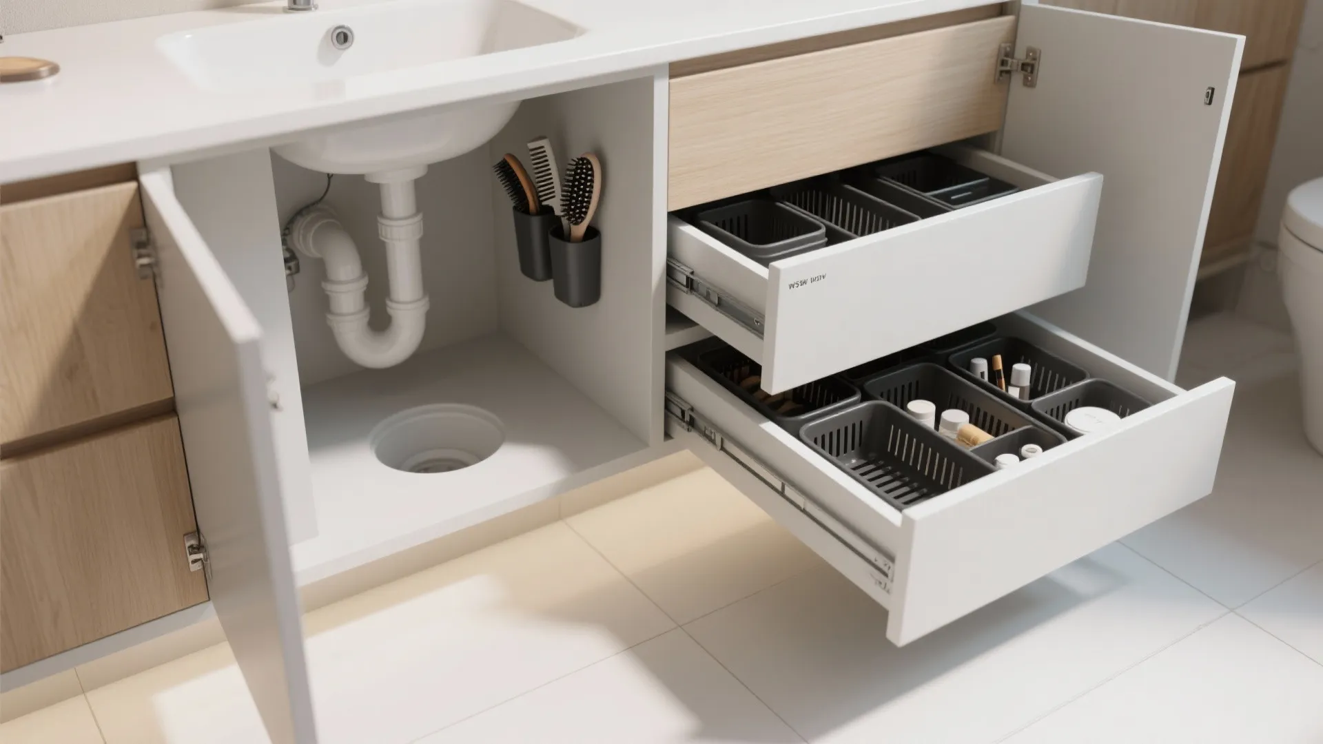 Open bathroom sink cabinet showing organized drawers with black bins and white pipe plumbing setup