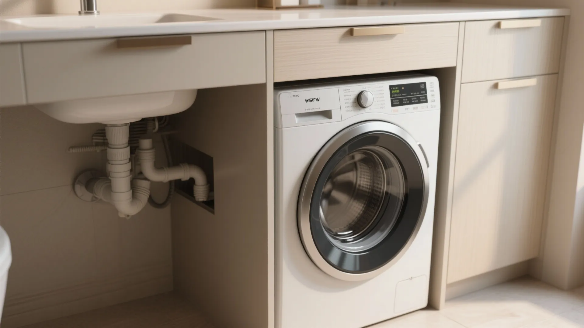 Slim front-load washer tucked under a floating vanity, showing tight integration and concealed plumbing.