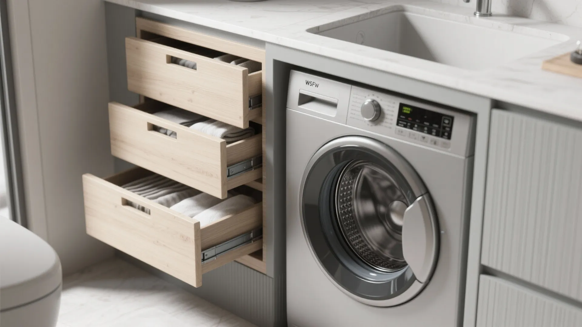 Washing machine built under bathroom sink next to open wooden drawers with folded white towels