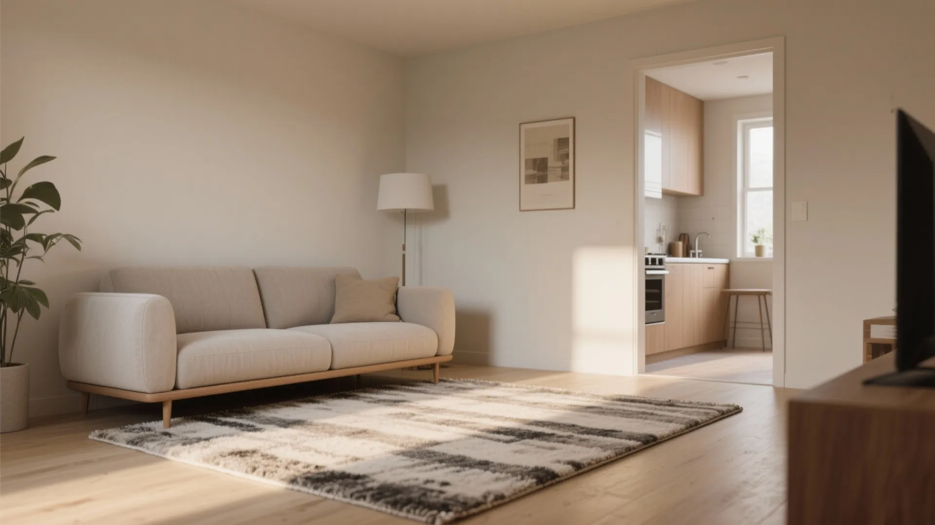 Small living room with an undersized rug showing furniture legs on the rug and visible floor border for better flow.