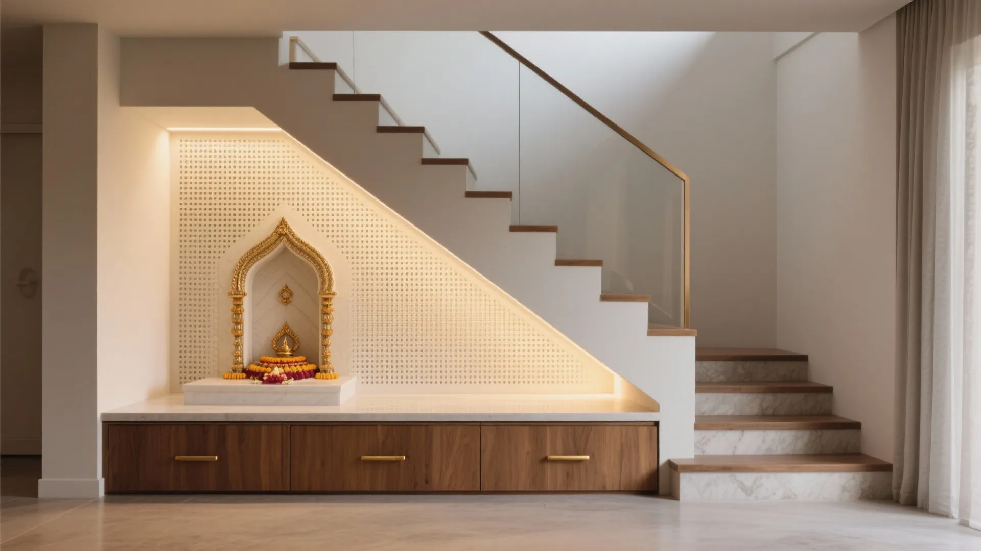 Under-stair mandir with tapered steps