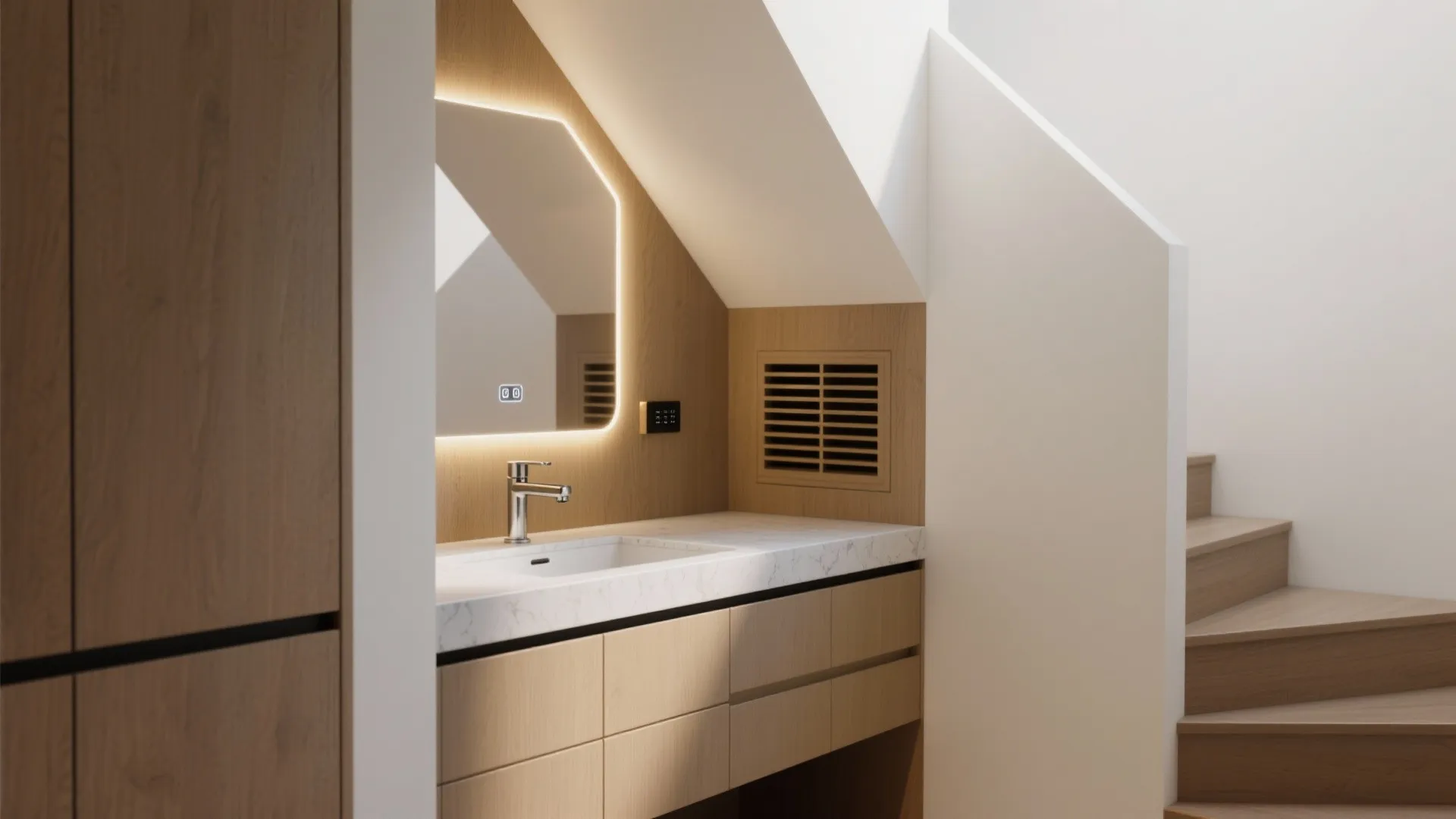 Modern washbasin area under stairs with wooden cabinets marble countertop and a glowing backlit mirror