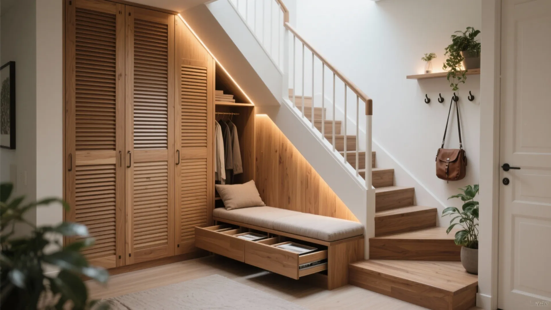 Wooden staircase with built in storage cabinet cushioned bench and warm lights for home entryway