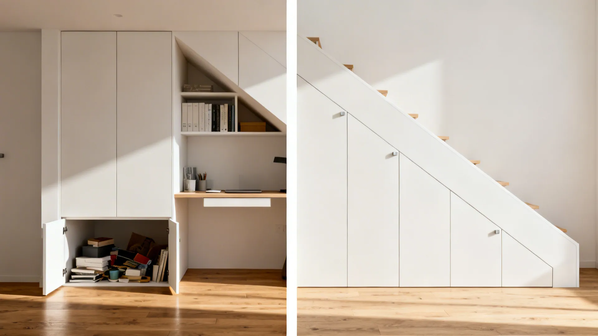 Before-and-after view of under-stair built-ins with seamless push-latch panels replacing open clutter.