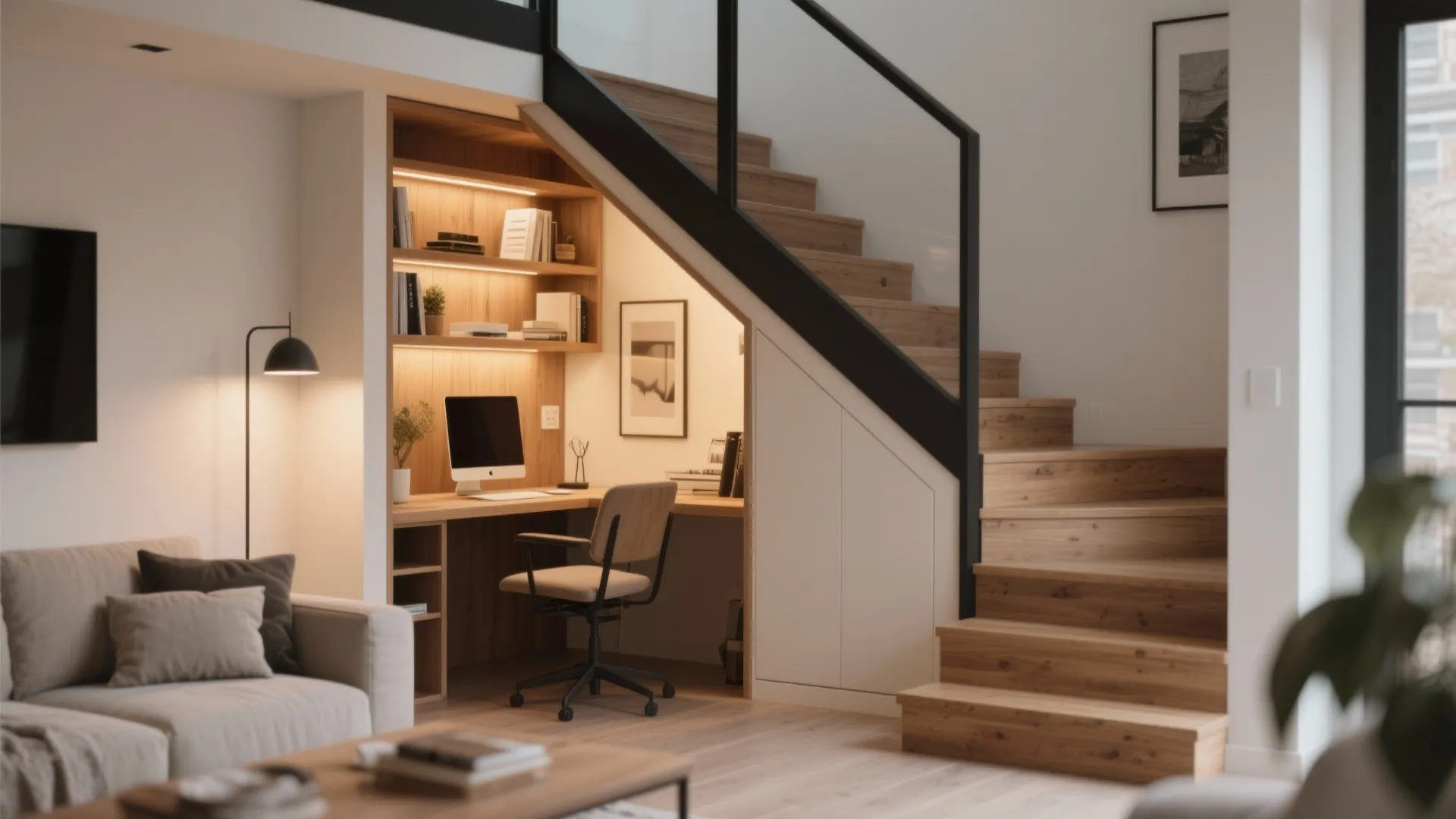 Compact built-in desk under stairs in modern living room