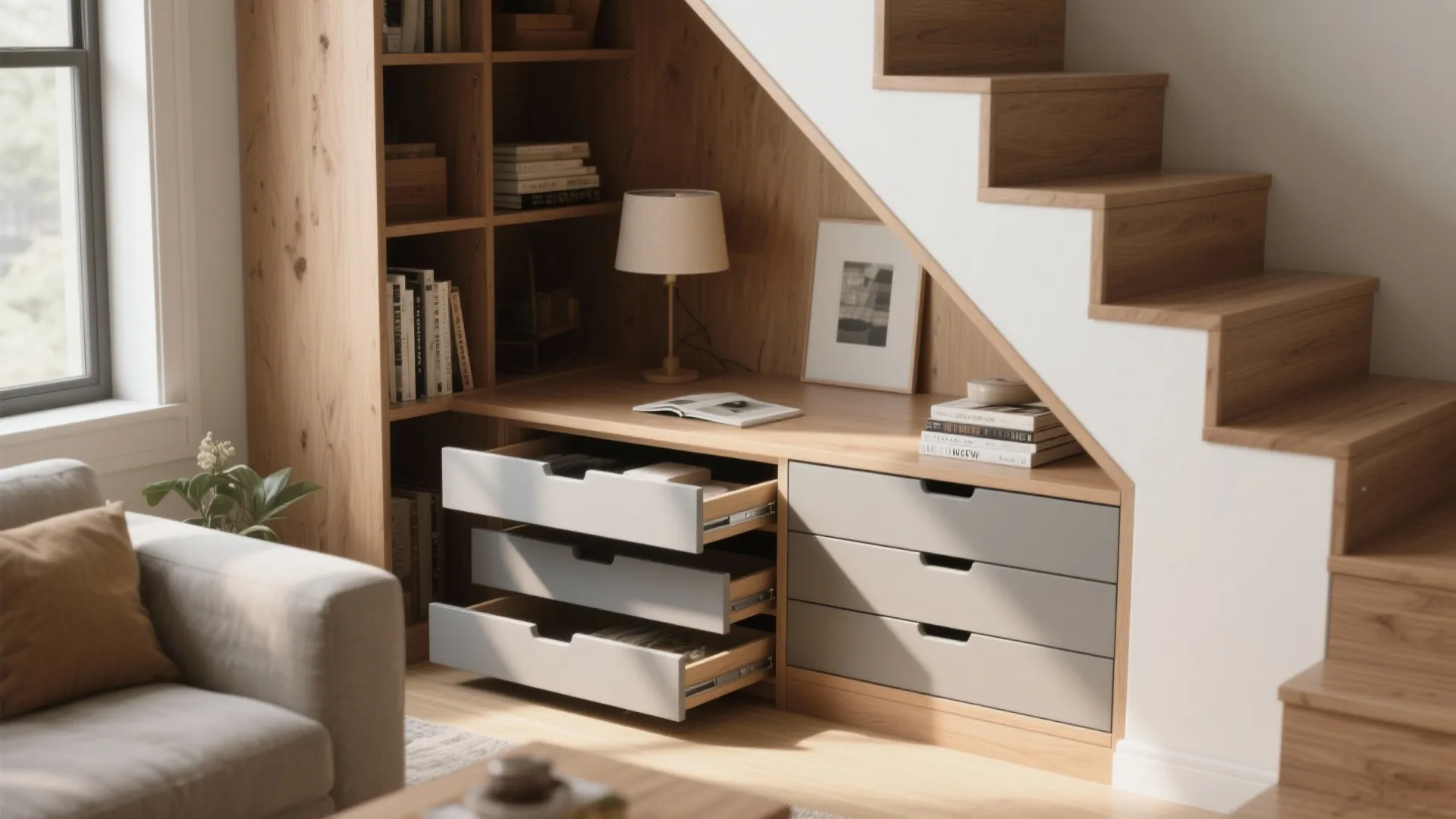 1. Built-in under-stair storage that feels like custom furniture