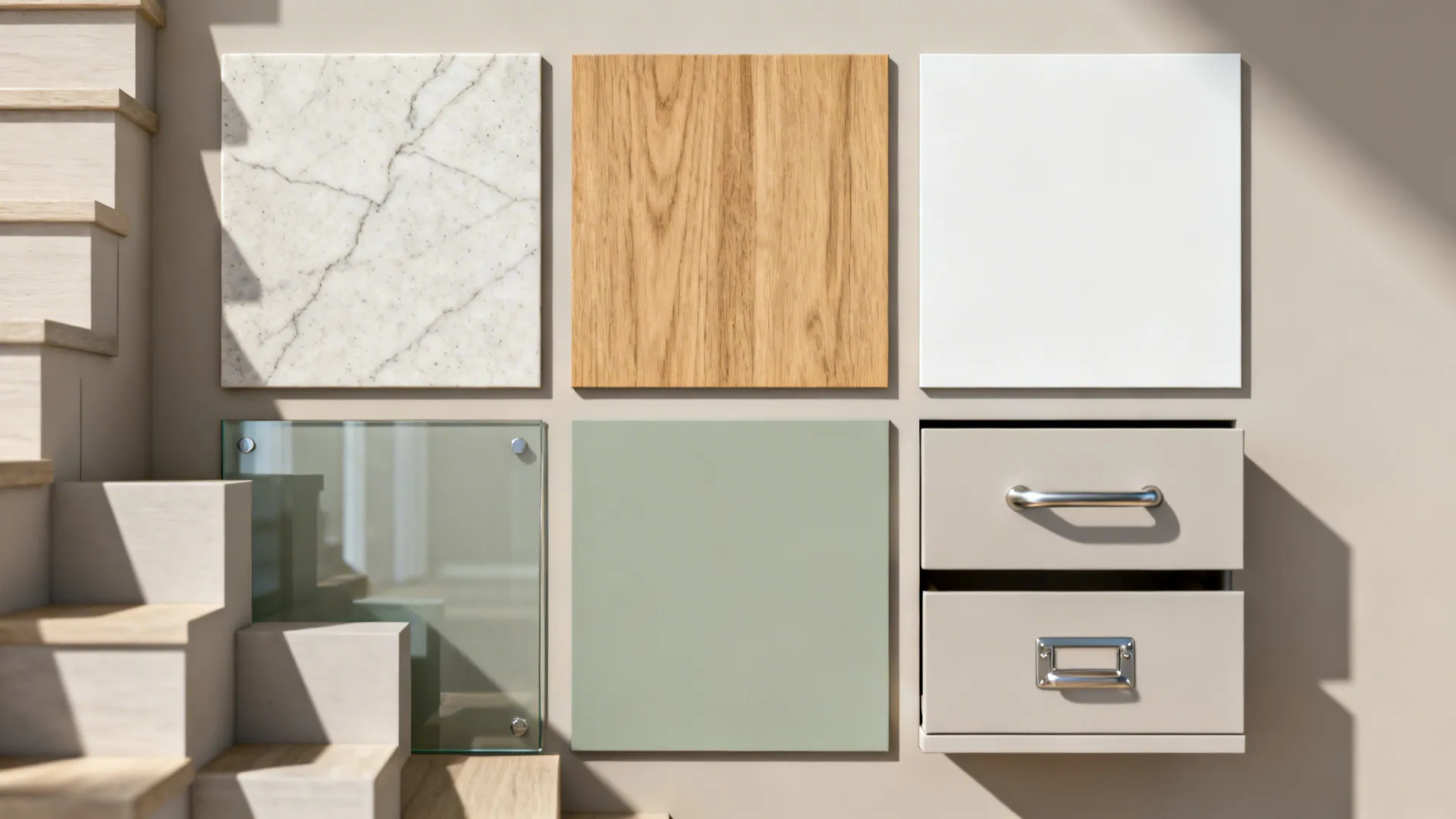 Flat lay of quartz, oak, soft white, sage, tempered glass, and brushed steel hardware.