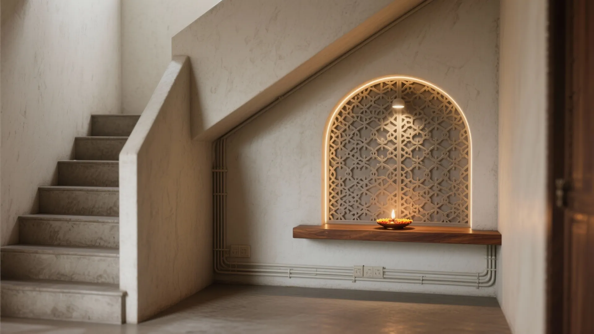 Under-Stair or Corner Pooja Nook with an Arched Alcove