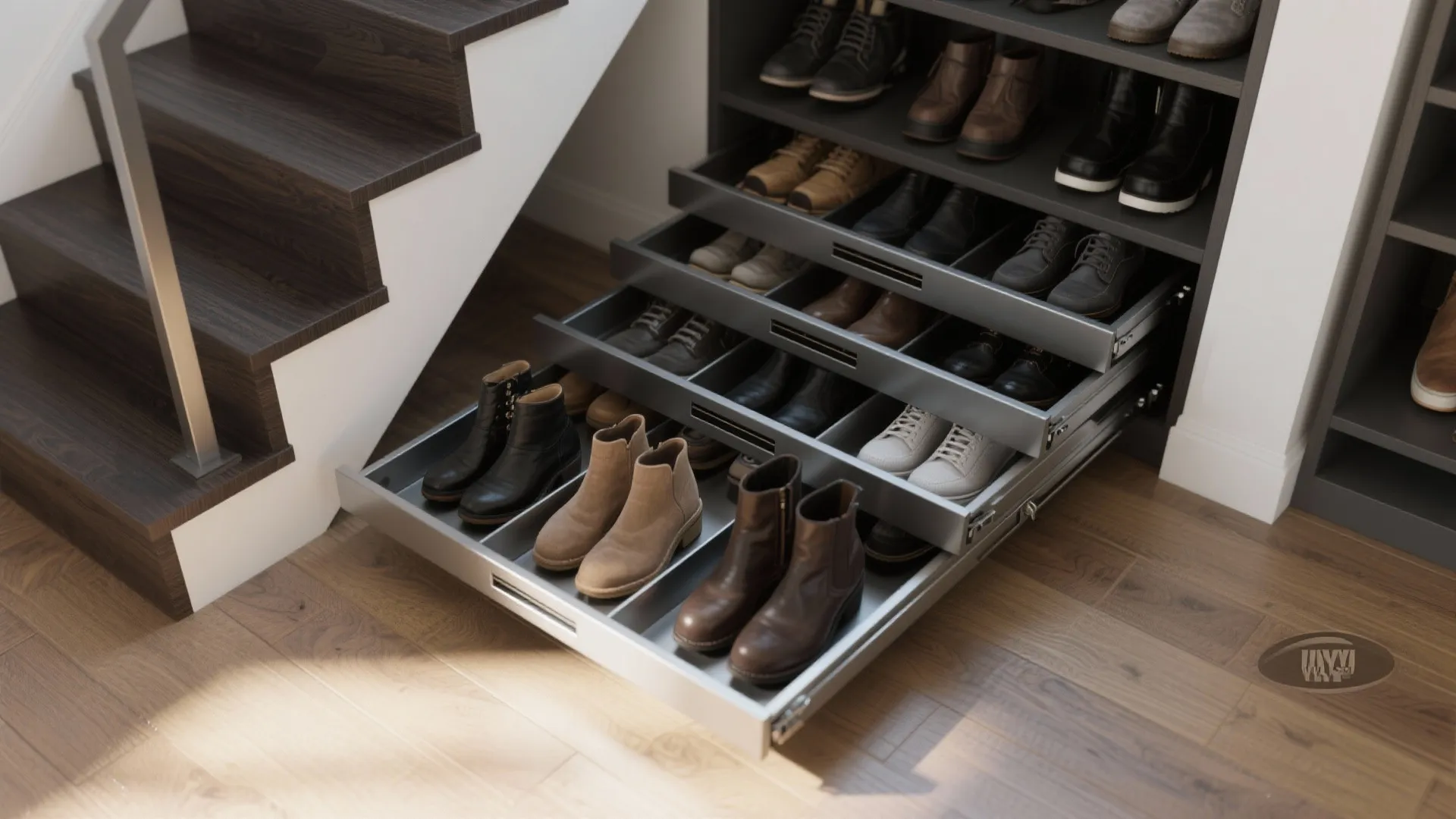 4. Pull-out trays and tuck-away cubbies under stairs