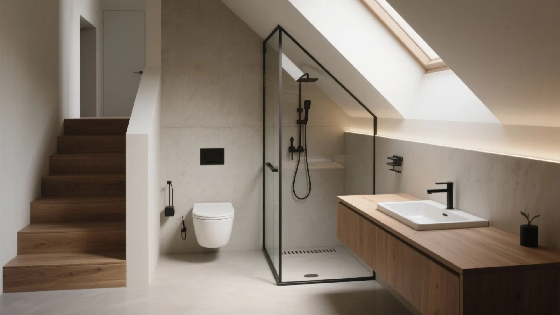 Modern attic bathroom with wooden stairs white toilet glass shower wooden cabinet and large roof window