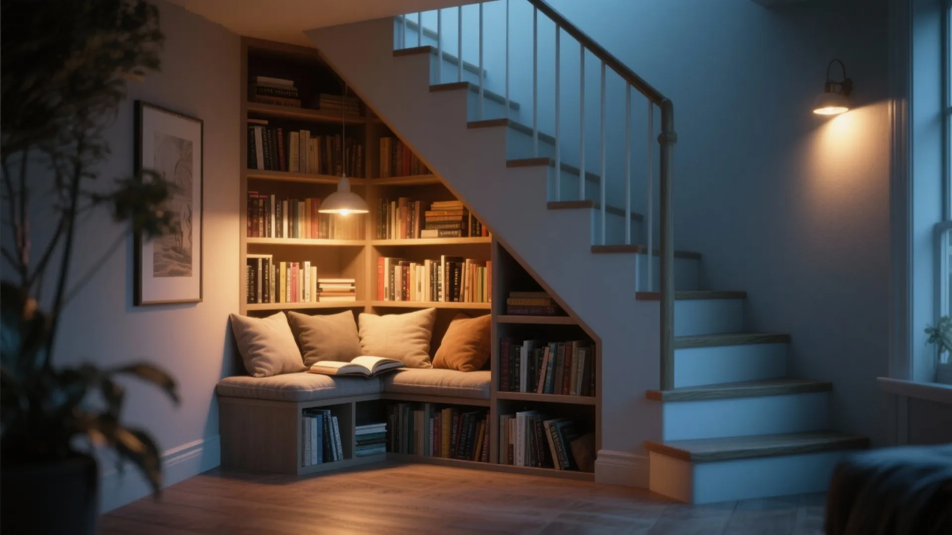Reading nook under staircase with shelves and cozy seating