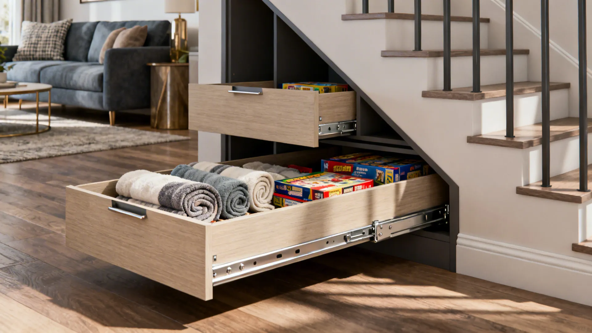 Under‑stairs pull-out drawers open smoothly, storing blankets and games in a tidy living room setup.