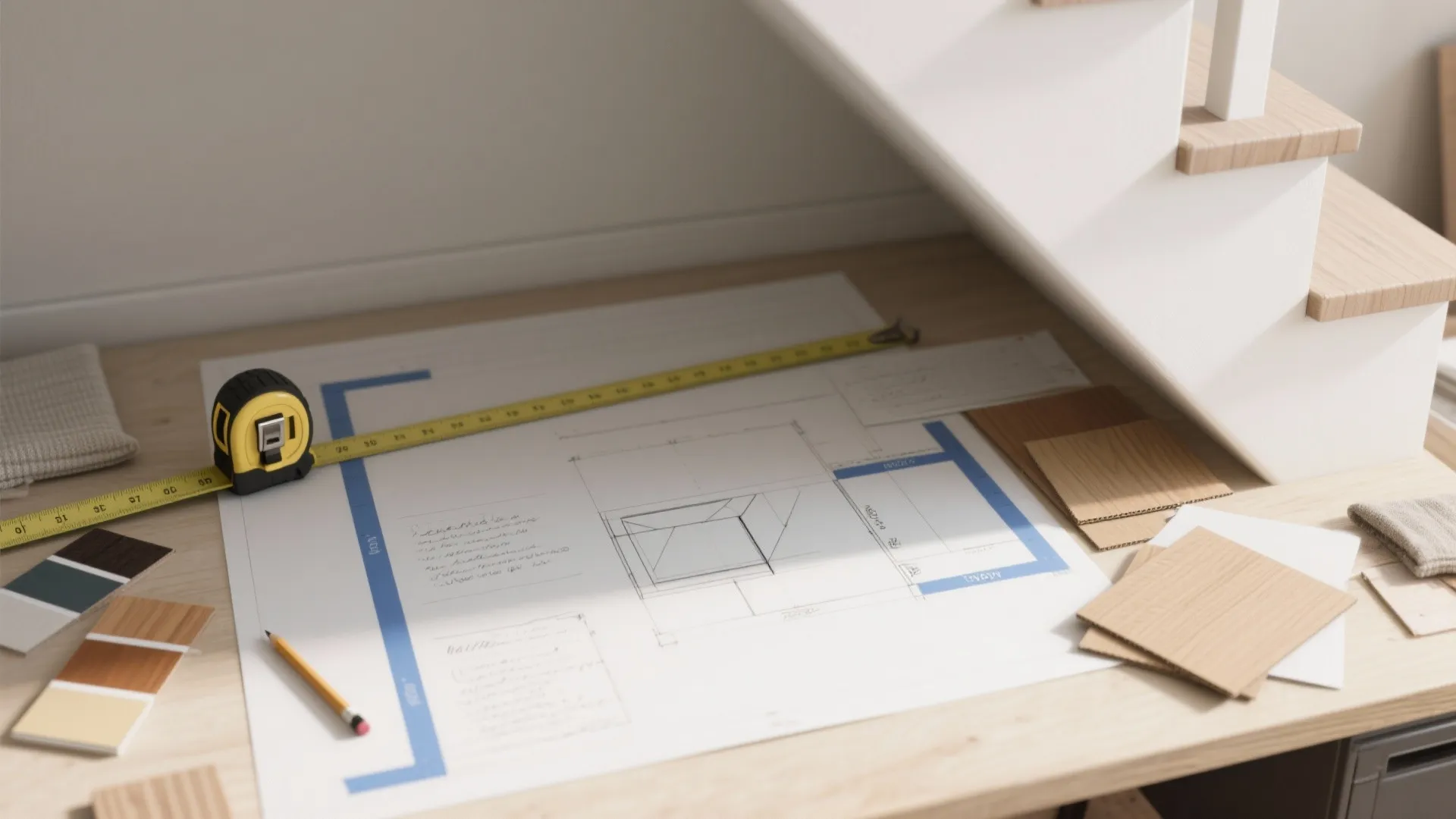 Interior design drawing on a wooden table with measuring tape pencil and color swatches nearby