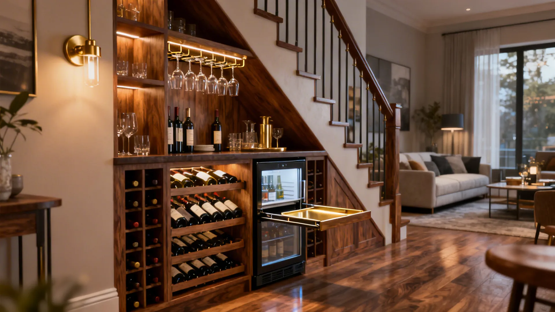 Compact under‑stairs home bar with wine rack, stemware hooks and a small fridge in a warm living area.