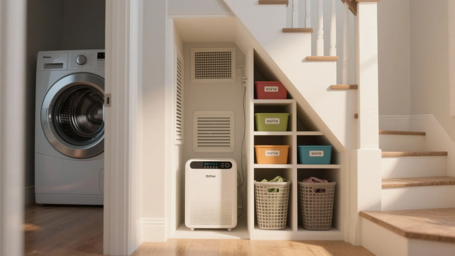 Under stairs storage area featuring colorful plastic bins laundry baskets and white appliance near laundry